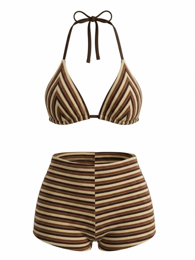 2 Pièces Marron Rayé Éponge Halter Bikini & Short Années 1950 2