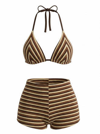 2 Pièces Marron Rayé Éponge Halter Bikini & Short Années 1950 2