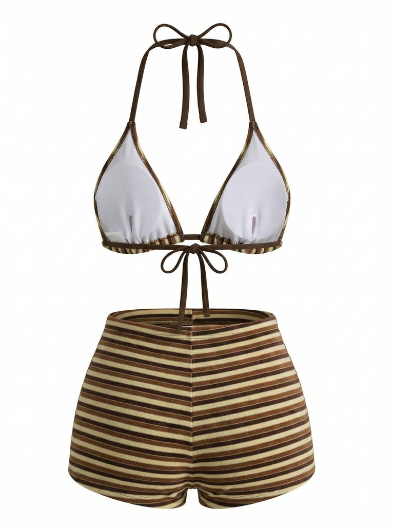 2 Pièces Marron Rayé Éponge Halter Bikini & Short Années 1950 3