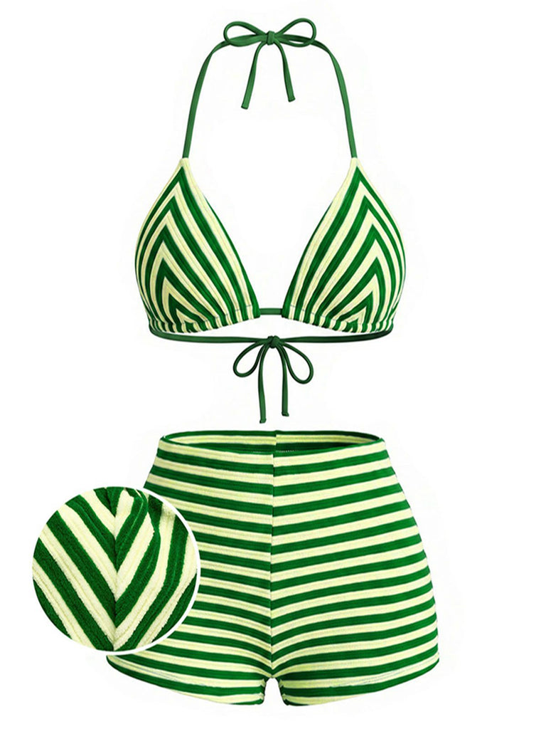 Ensemble bikini vert rayé éponge dos nu années 50
