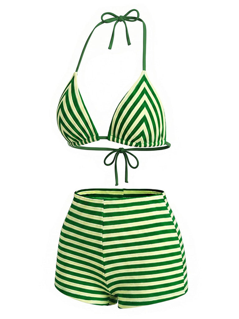 Ensemble bikini vert rayé éponge dos nu années 50