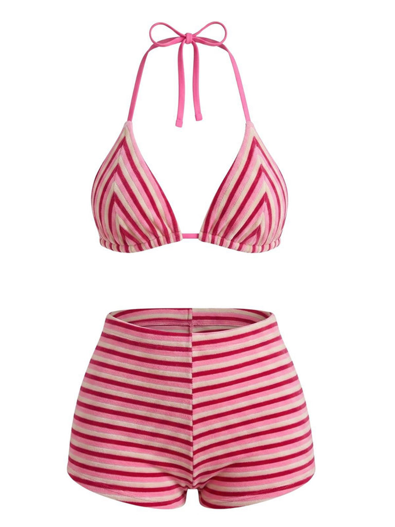 2PCS Bikini et short rayés marron éponge années 1950