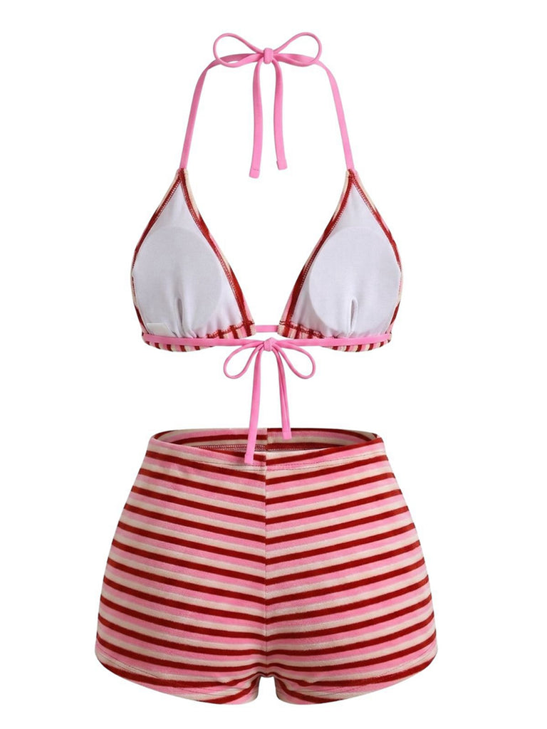 2PCS Bikini et short rayés marron éponge années 1950