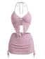 3PCS Ensemble Bikini Rose Plissé Torsadé et Cache Maillot Années 50