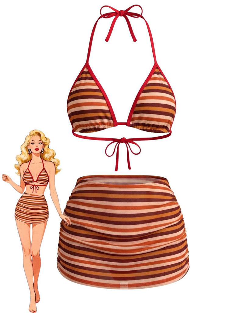 2PCS Ensemble bikini dos nu rayé marron et jupe froncée années 60