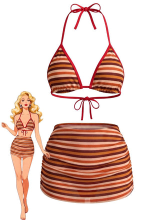 2PCS Ensemble bikini dos nu rayé marron et jupe froncée années 60