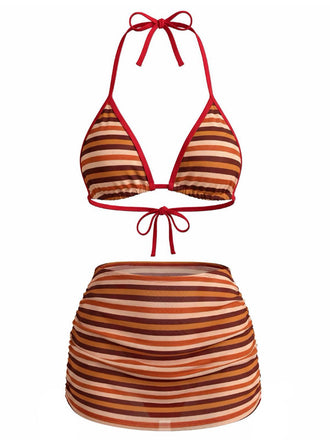 2PCS Ensemble bikini dos nu rayé marron et jupe froncée années 60