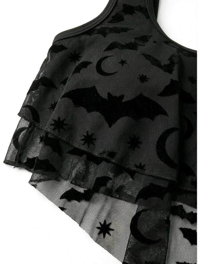 Set Tankini Gothique en Résille à Rayures Imprimé Chauve-Souris Années '70 3
