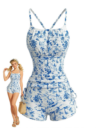 Tankini Bleu À Motif Toile De Jouy Années 1950