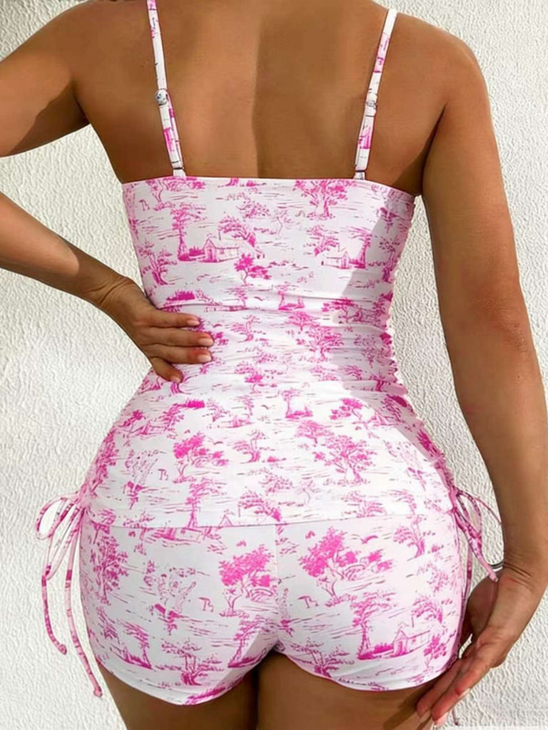 Tankini Rose À Motif Toile De Jouy Années 1950