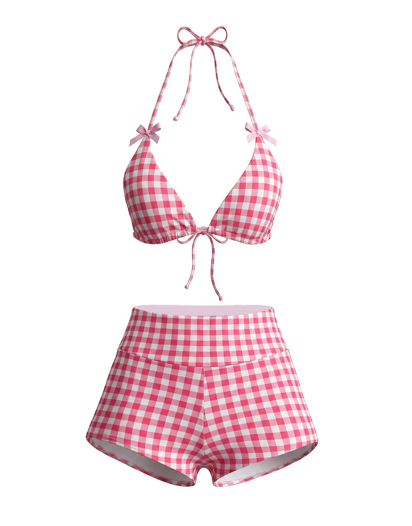 Ensemble Bikini Vichy Halter Nœud Shorty Rose Années 1980