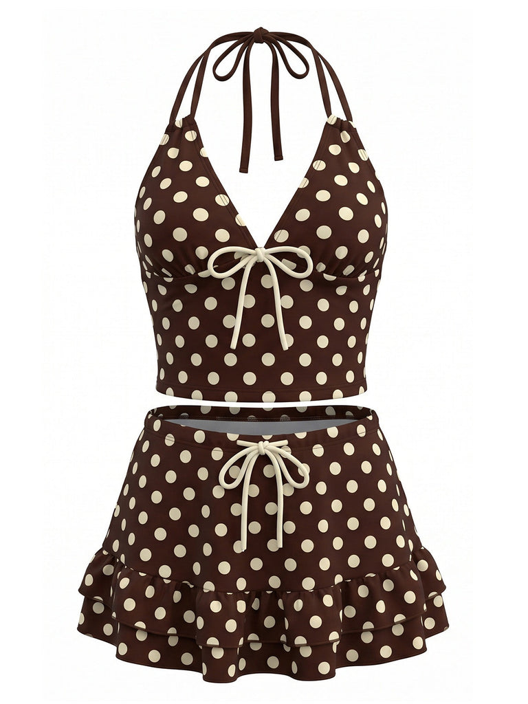 Maillot de Bain à Pois Halter à Volants Marron Années 1950