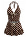 Maillot de Bain à Pois Halter à Volants Marron Années 1950