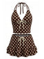 Maillot de bain dos nu marron à pois et volants années 1950