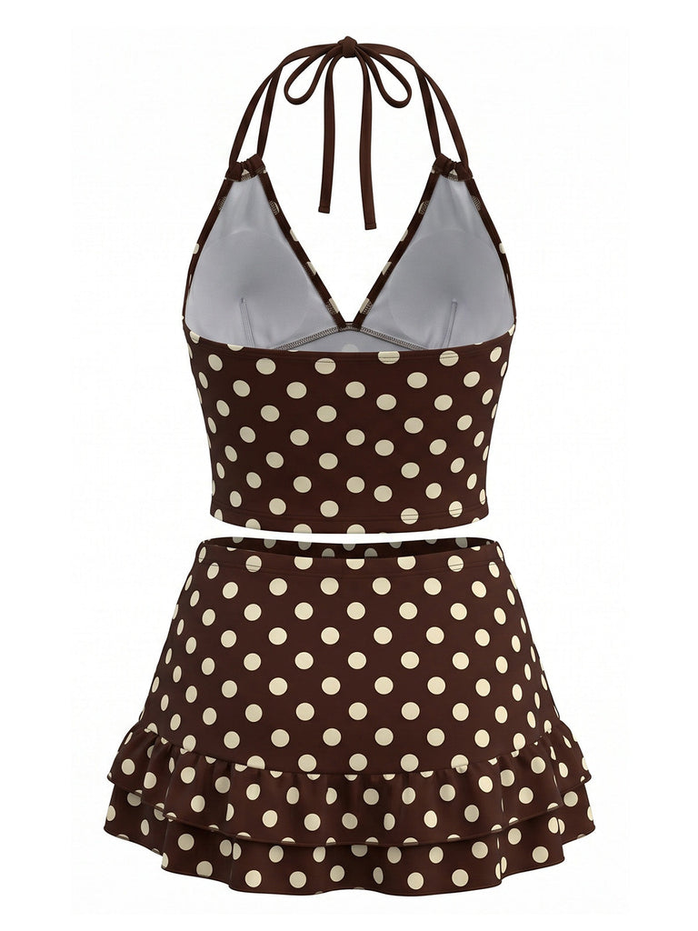 Maillot de Bain à Pois Halter à Volants Marron Années 1950 2