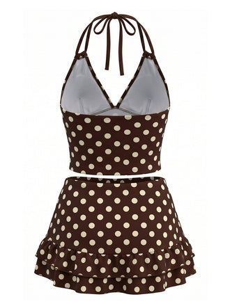 Maillot de Bain à Pois Halter à Volants Marron Années 1950 2