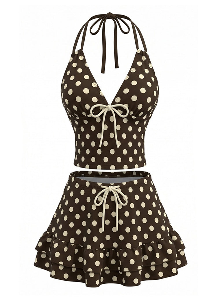 Maillot de bain dos nu marron à pois et volants années 1950