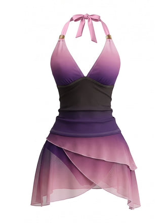 Ensemble tankini froncé ombré dos nu lavande années 1980