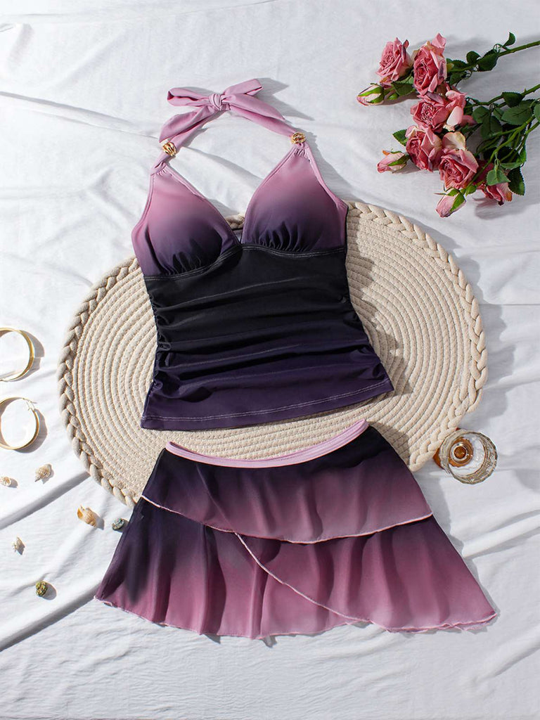 Ensemble tankini froncé ombré dos nu lavande années 1980