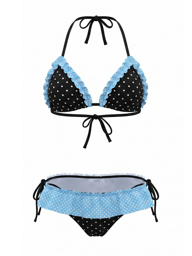 Maillot de Bain Halter Contrast à Pois à Volants Trim Années 1980