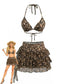 Ensemble bikini léopard et paréo plissé café clair années 80