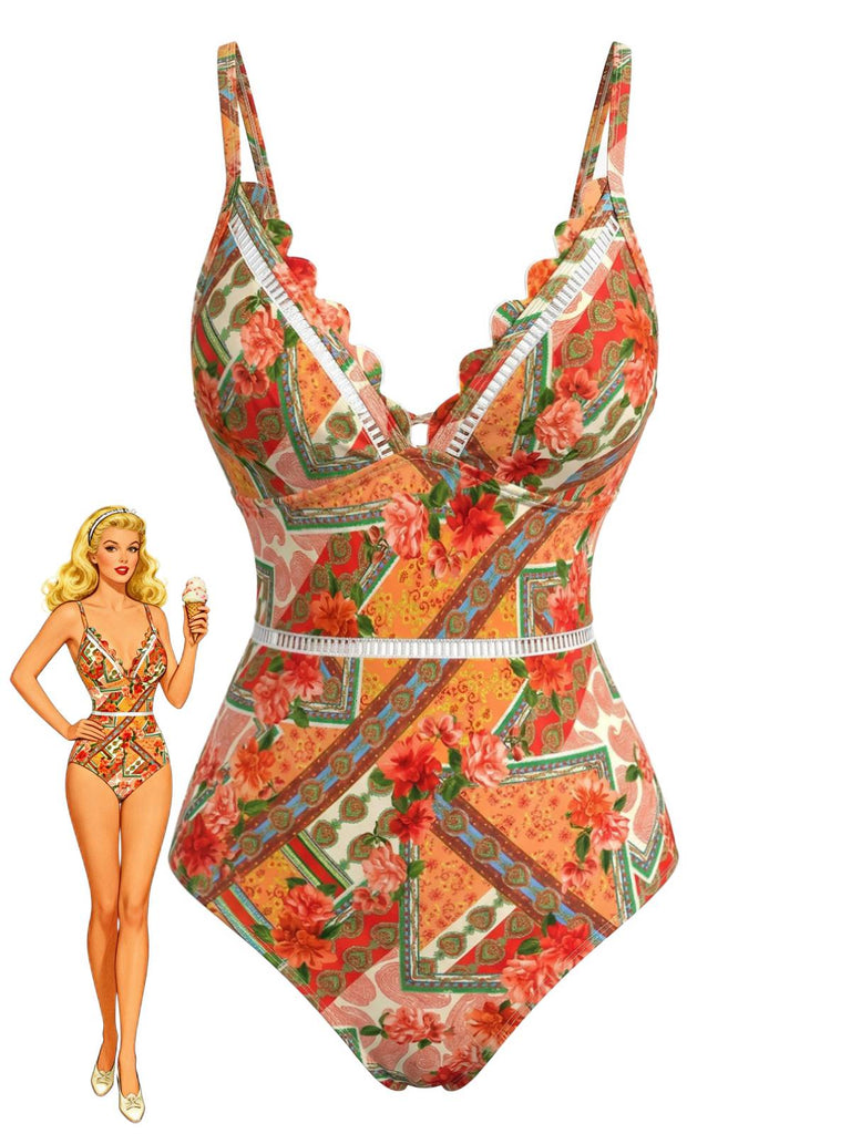 Maillot de Bain Floral Hollow Patchwork Orange Années 1940
