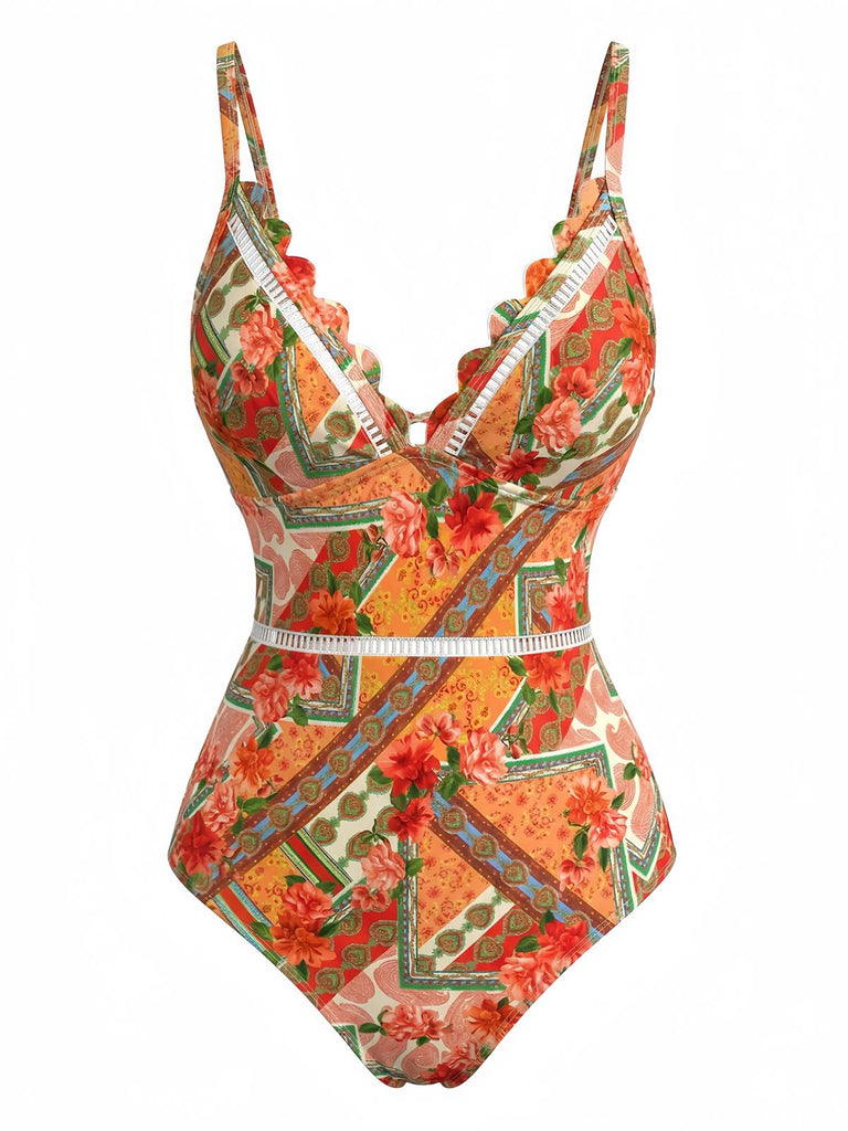 Maillot de Bain Floral Hollow Patchwork Orange Années 1940 2