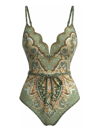 Maillot de bain une pièce vert bohème col pétale années 70