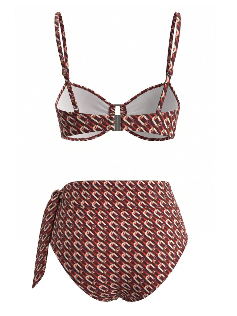 Maillot de Bain Chain Imprimé High Waist Marron Années 1940 3