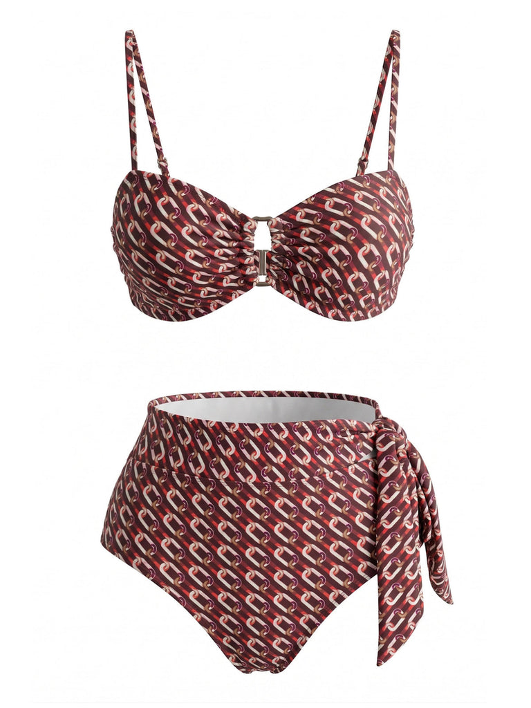 Maillot de Bain Chain Imprimé High Waist Marron Années 1940 2