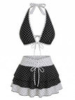 2PCS Set Bikini Noir Halter à Pois et Cache Maillot Années '40 2