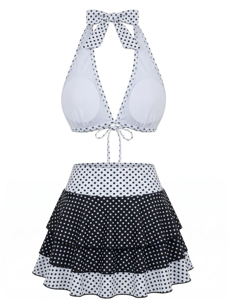 2PCS Set Bikini Noir Halter à Pois et Cache Maillot Années '40 3