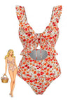 Maillot de Bain Floral Ruffled Découpé Une Pièce Orange Années 1940