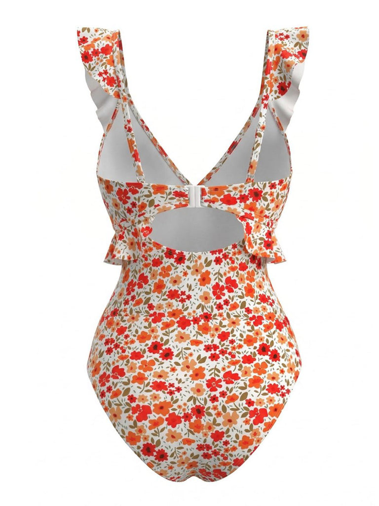 Maillot de Bain Floral Ruffled Découpé Une Pièce Orange Années 1940 3