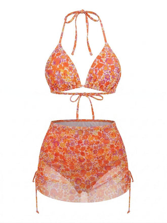 Ensemble Bikini Dos Nu Floral et Paréo Orange années 70 2