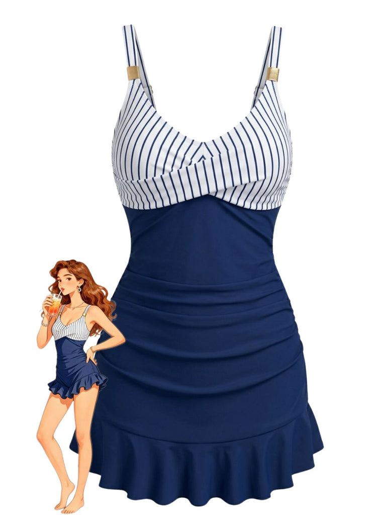 Maillot de Bain Gainant Froncé Rayé Bleu années 40