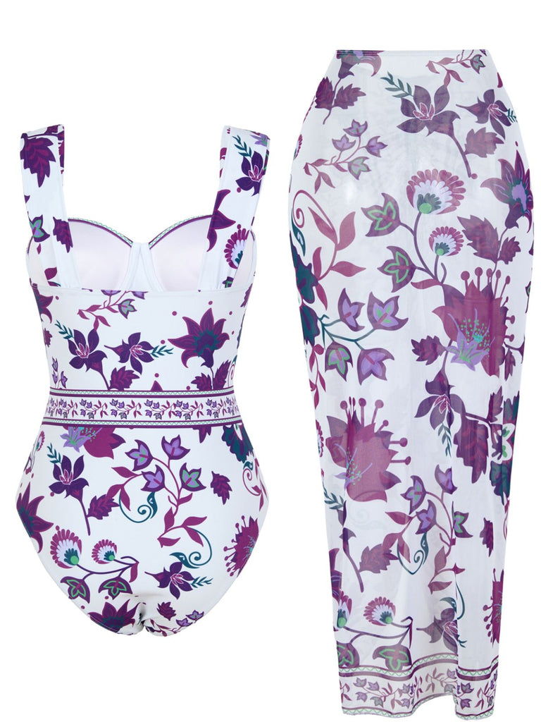 Maillot de Bain Une Pièce Floral à Larges Bretelles et Cache-Maillot Années 1950 11