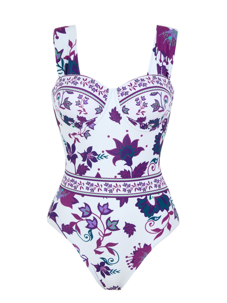 Maillot de Bain Une Pièce Floral à Larges Bretelles et Cache-Maillot Années 1950 12
