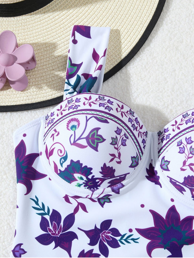 Maillot de Bain Une Pièce Floral à Larges Bretelles et Cache-Maillot Années 1950 15