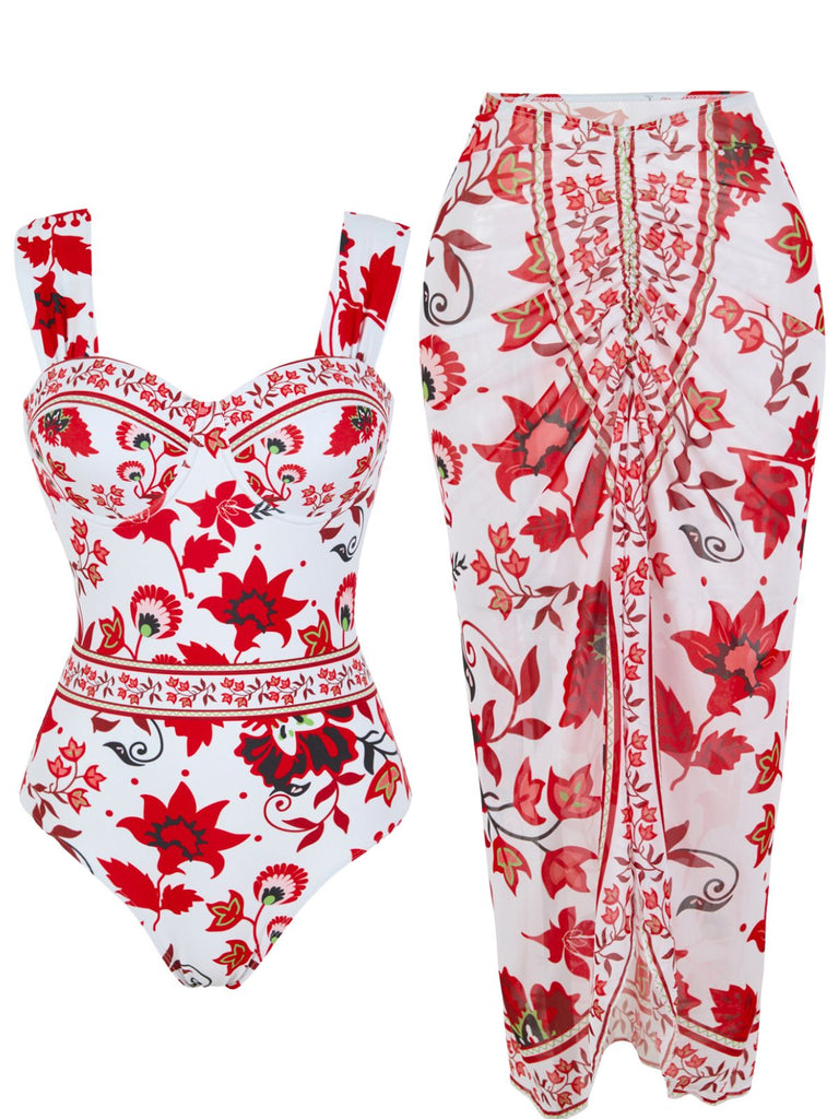Maillot de Bain Une Pièce Floral à Larges Bretelles et Cache-Maillot Années 1950 17