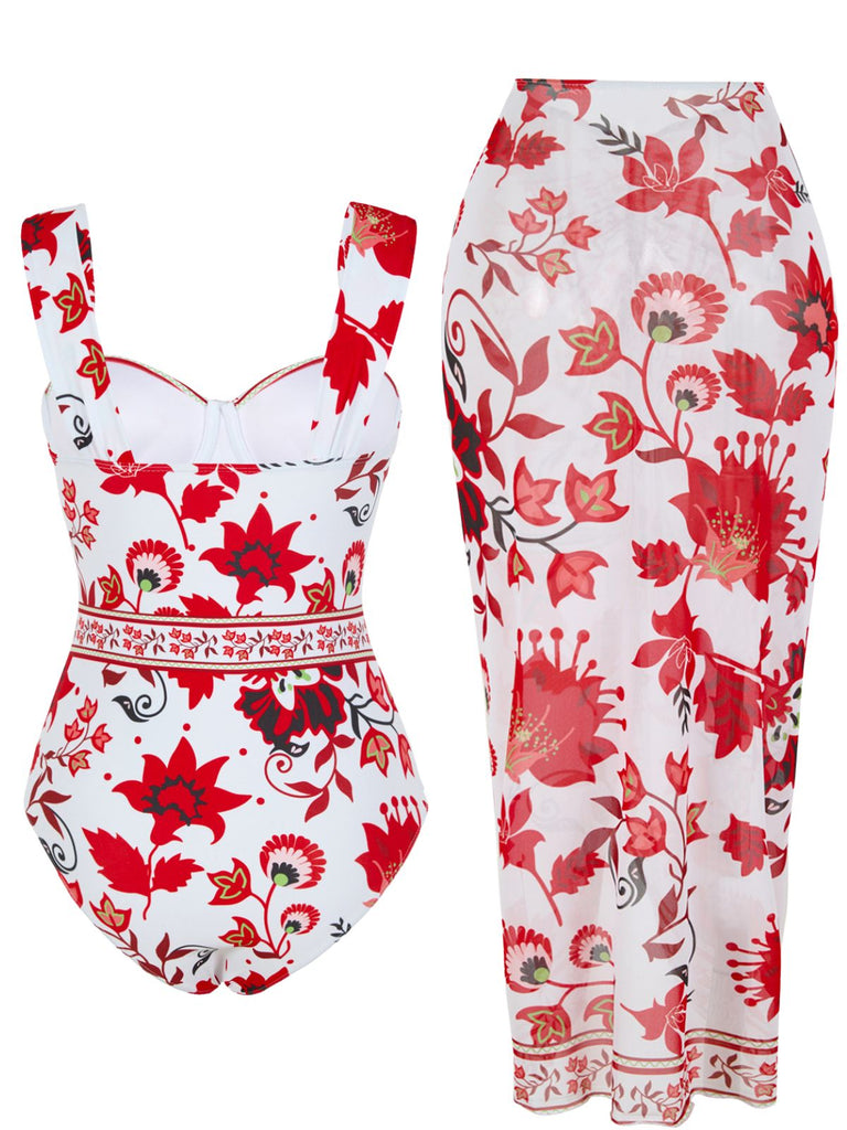 Maillot de Bain Une Pièce Floral à Larges Bretelles et Cache-Maillot Années 1950 19