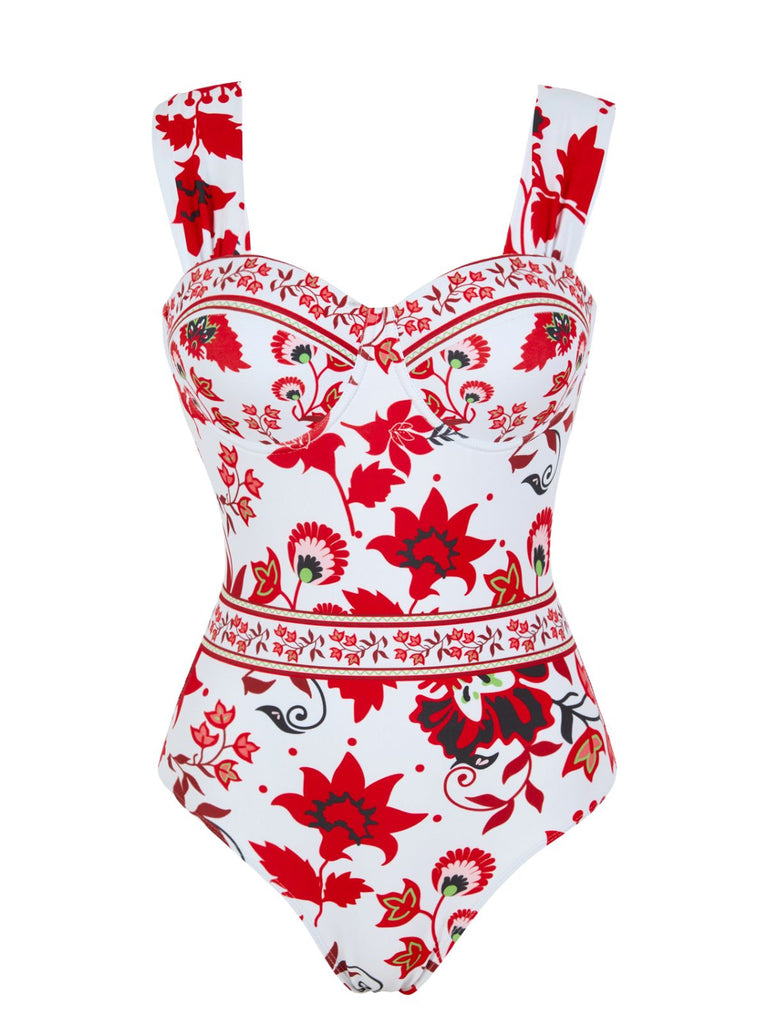 Maillot de Bain Une Pièce Floral à Larges Bretelles et Cache-Maillot Années 1950 22
