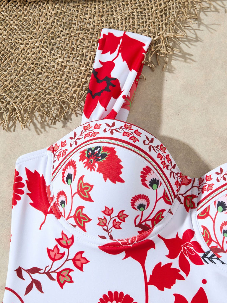 Maillot de Bain Une Pièce Floral à Larges Bretelles et Cache-Maillot Années 1950 24