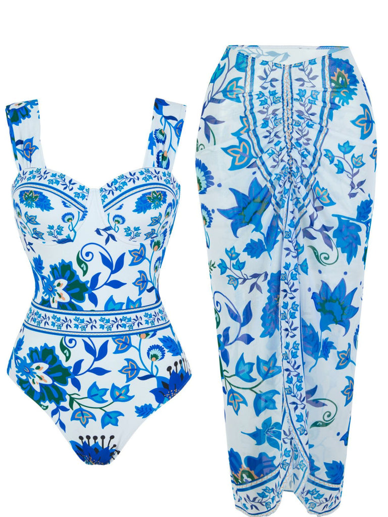 Maillot de Bain Une Pièce Floral à Larges Bretelles et Cache-Maillot Années 1950