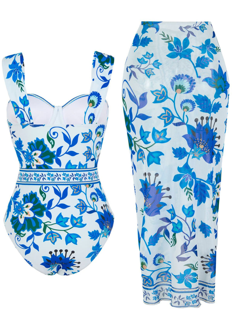 Maillot de Bain Une Pièce Floral à Larges Bretelles et Cache-Maillot Années 1950 2
