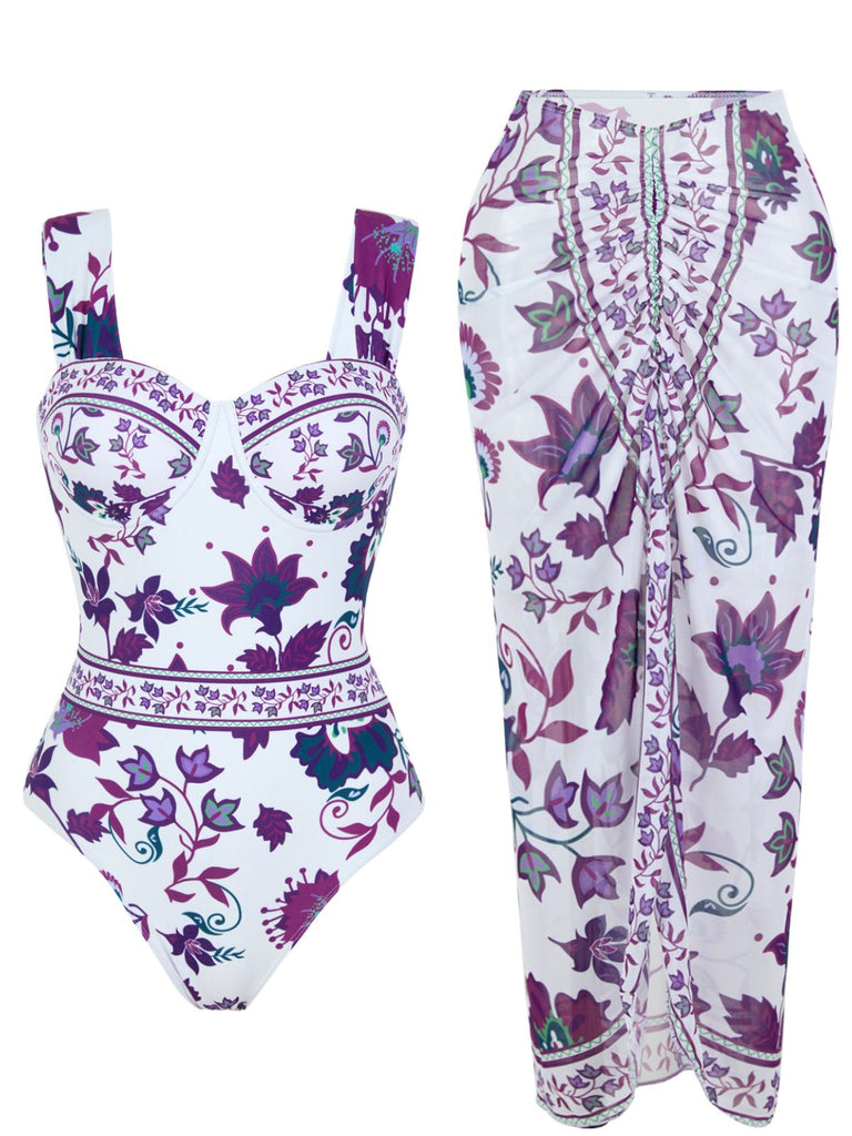 Maillot de Bain Une Pièce Floral à Larges Bretelles et Cache-Maillot Années 1950 8