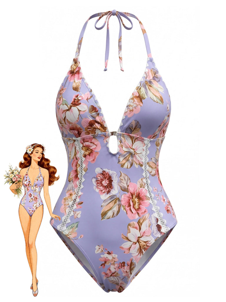 Maillot de Bain Floral en Dentelle Trim Halter Une Pièce Bleu Années 1940