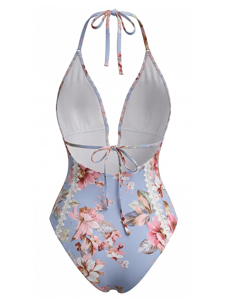 Maillot de Bain Floral en Dentelle Trim Halter Une Pièce Bleu Années 1940 3