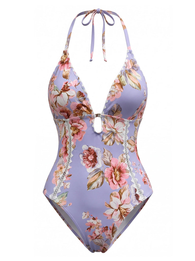 Maillot de Bain Floral en Dentelle Trim Halter Une Pièce Bleu Années 1940 2
