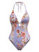 Maillot de Bain Floral en Dentelle Trim Halter Une Pièce Bleu Années 1940 2